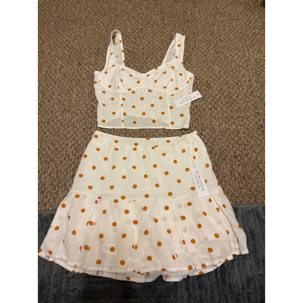 KIRIOUS | NEW Linen Blend Orange Polka Dot Cropped Tank/Skirt Pleated Set - Picture 2 of 12